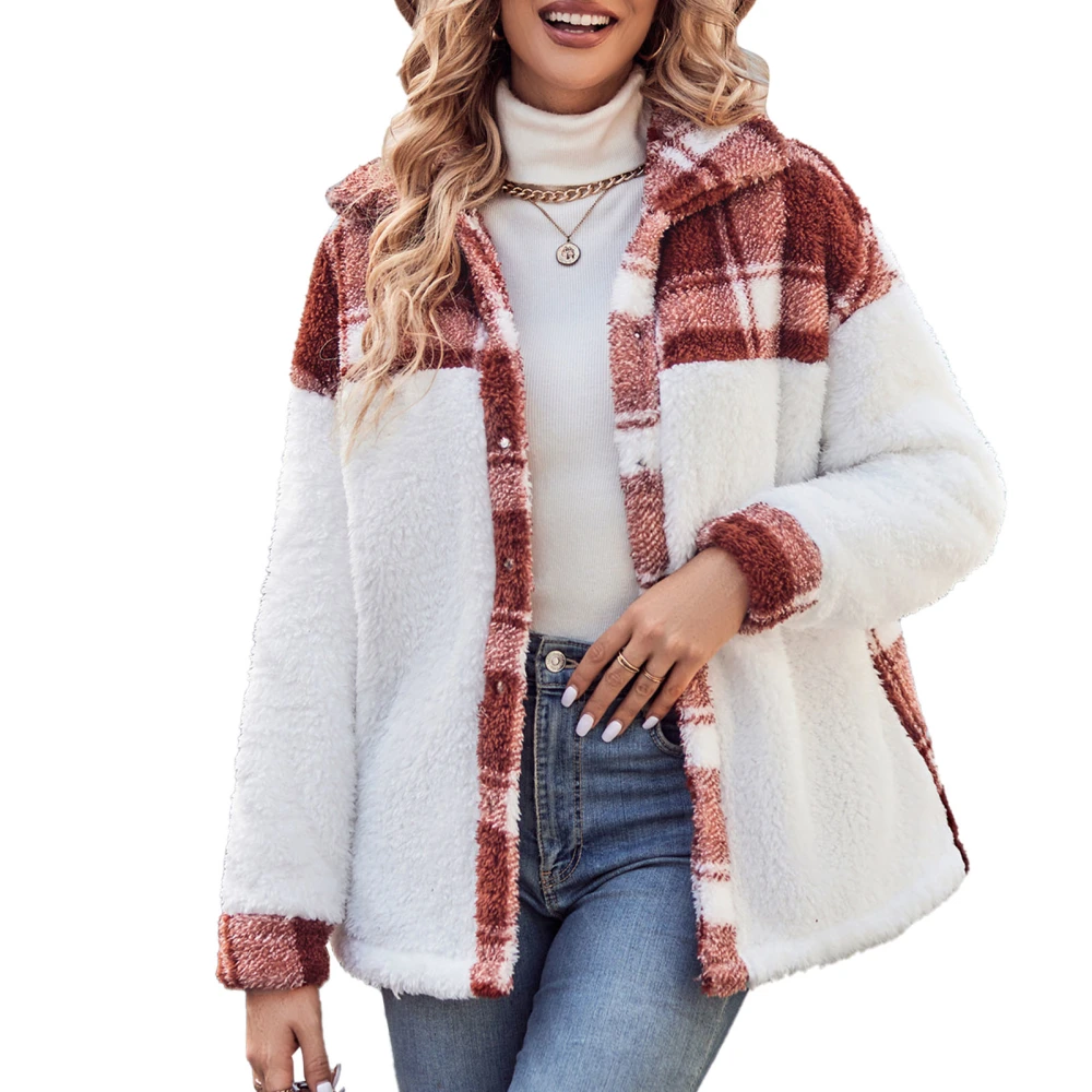 Women Fleece Jackets Plaid Patchwork Turn Down Collar Thermal Fuzzy Coat Outwear for Winter Jujube Red M