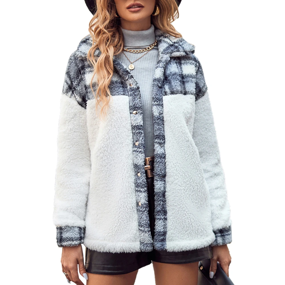 Women Fleece Jackets Plaid Patchwork Turn Down Collar Thermal Fuzzy Coat Outwear for Winter Dark Gray M