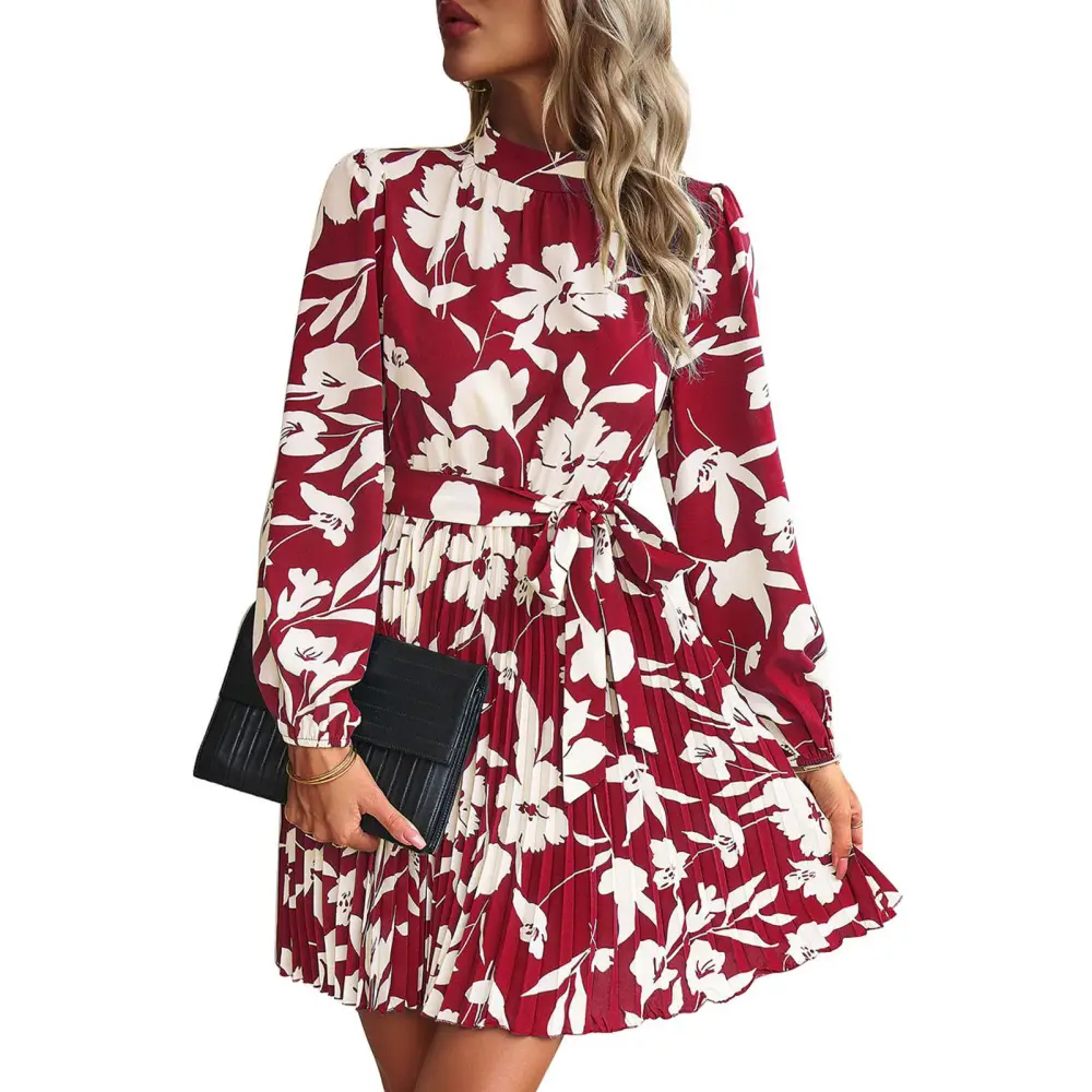 Women Printed Dress with Waistband Long Sleeves Half High Collar Dress Pleated Hem Short Dress Red L