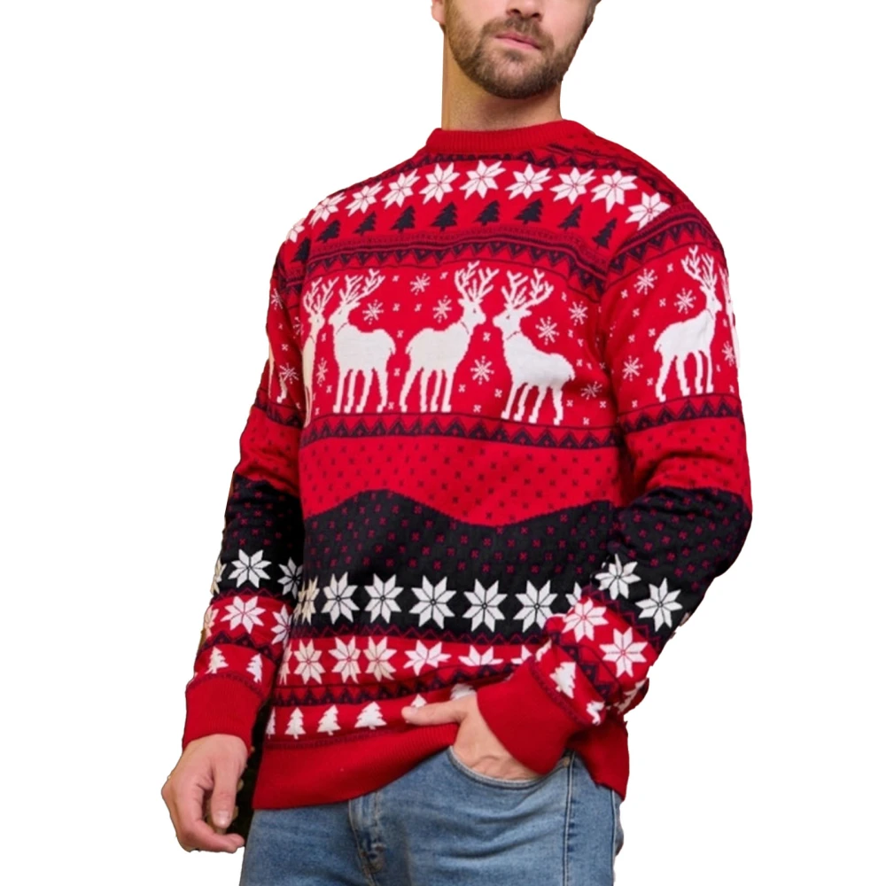 Xmas Snowflake Sweater Long Sleeve Elk Printed Round Neck Warm Knitted Sweater New Year Outdoor Daily Red for Men M