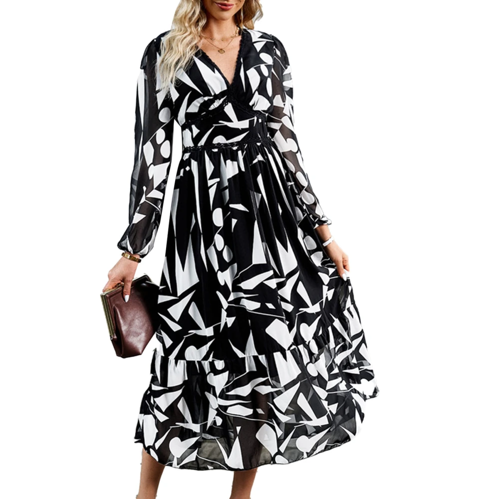 Women Print Long Dress V Neck Ruffle Hem Printed Long Sleeve Loose Casual Waist Dress Black S