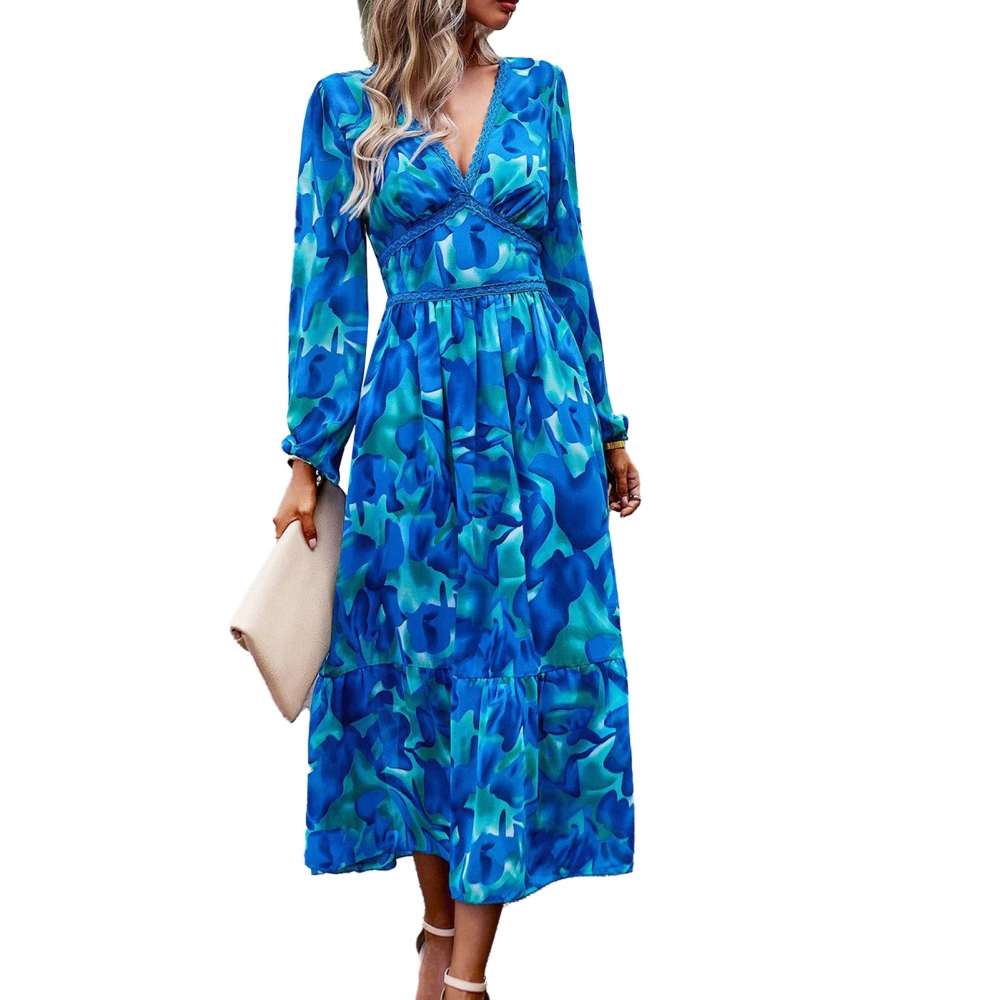 Women Print Long Dress V Neck Ruffle Hem Printed Long Sleeve Loose Casual Waist Dress Blue S