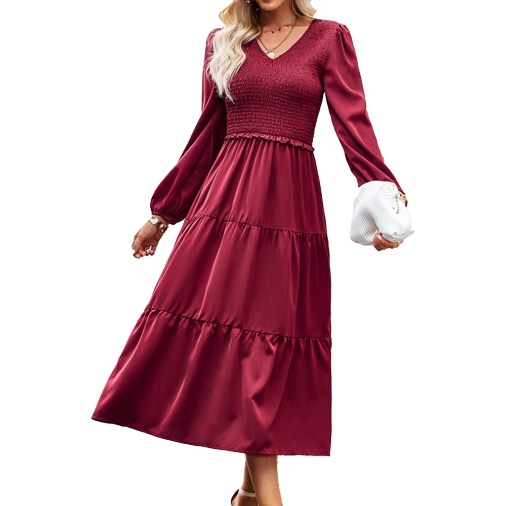 Women Dress One Piece V Neck Pure Color Shirred Design Long Sleeves Skirt for Summer Travel Wine Red L