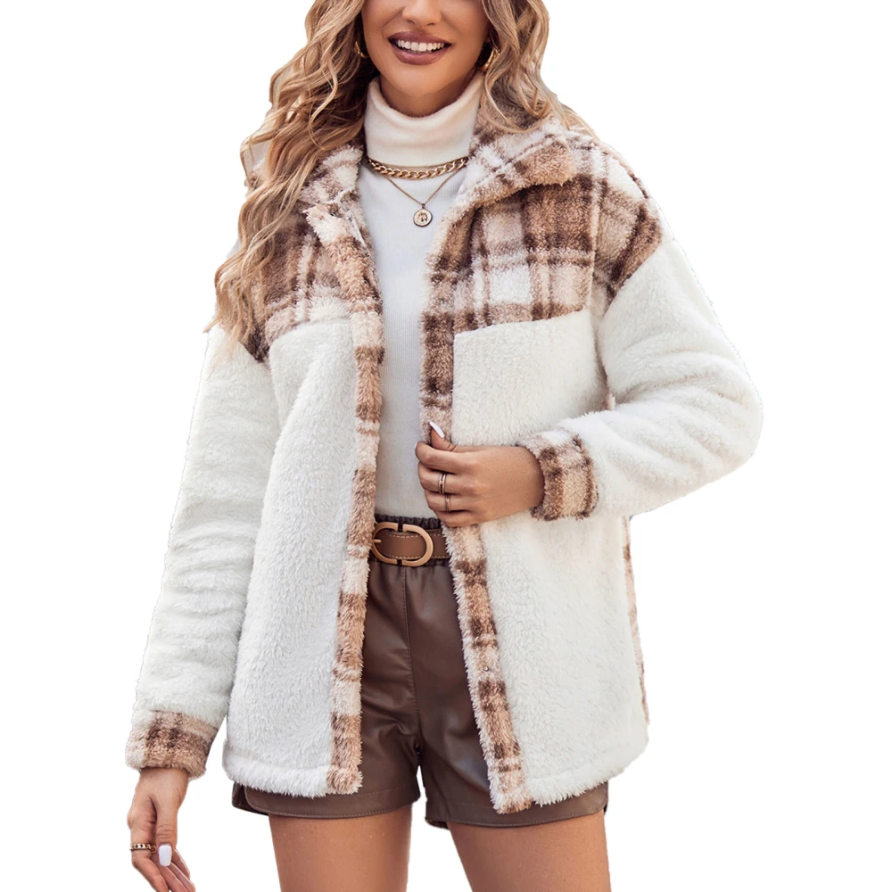 Women Fleece Jackets Plaid Patchwork Turn Down Collar Thermal Fuzzy Coat Outwear for Winter Khaki L