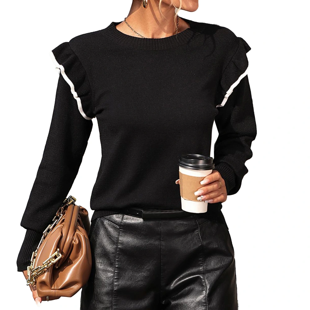 Womens Round Neck Sweaters Long Sleeve Loose Knit Textured Ruffled Pullover Casual Fall Tops Black L