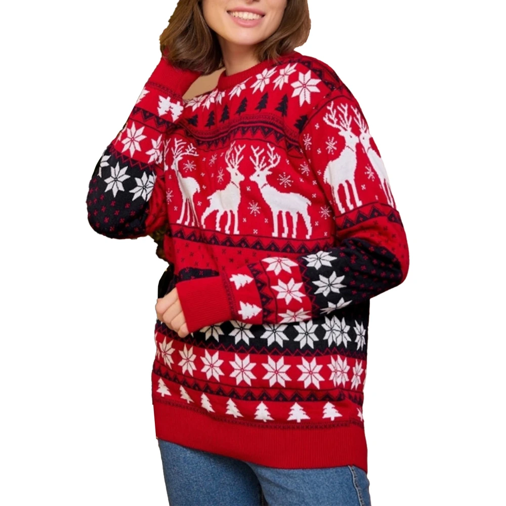 Xmas Snowflake Sweater Long Sleeve Elk Printed Round Neck Warm Knitted Sweater New Year Outdoor Daily Red for Women S