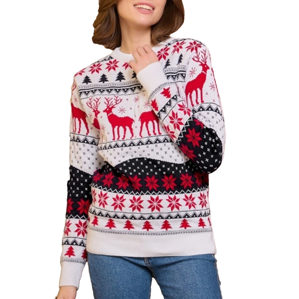 Xmas Snowflake Sweater Long Sleeve Elk Printed Round Neck Warm Knitted Sweater New Year Outdoor Daily White for Women S