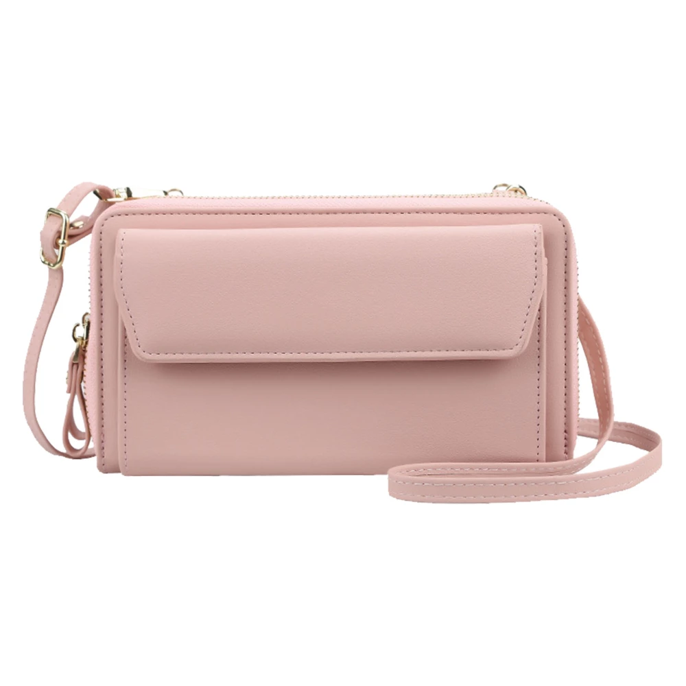 Women Double Zipper Wallet Adjustable Shoulder Strap PU Leather Phone Houlder Purses Shoulder Wallet Bag light Pink Free Size