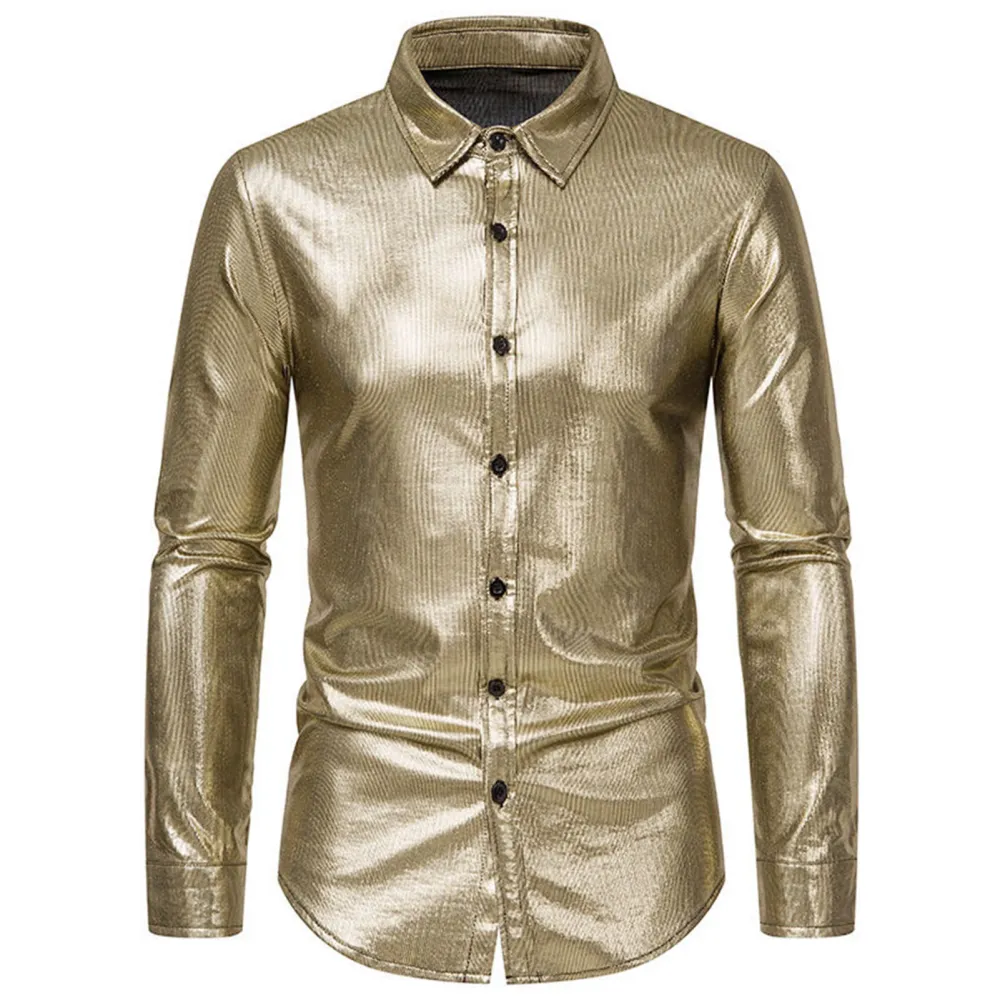 Men Metallic Stamped Shirt Turn Down Collar Button Up Casual Long Sleeve Blouse for Parties Gold S