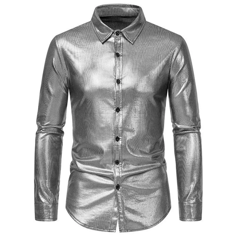 Men Metallic Stamped Shirt Turn Down Collar Button Up Casual Long Sleeve Blouse for Parties Silver S