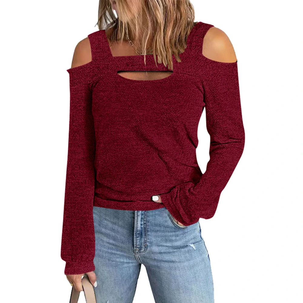 Women Cold Shoulder Top Long Sleeves Hollow Out Neckline Pure Color Casual T Shirt for Daily Wear Burgundy S