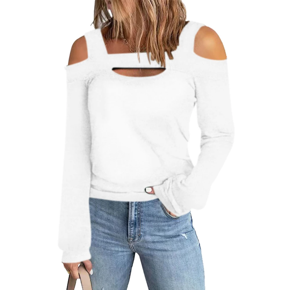 Women Cold Shoulder Top Long Sleeves Hollow Out Neckline Pure Color Casual T Shirt for Daily Wear White L