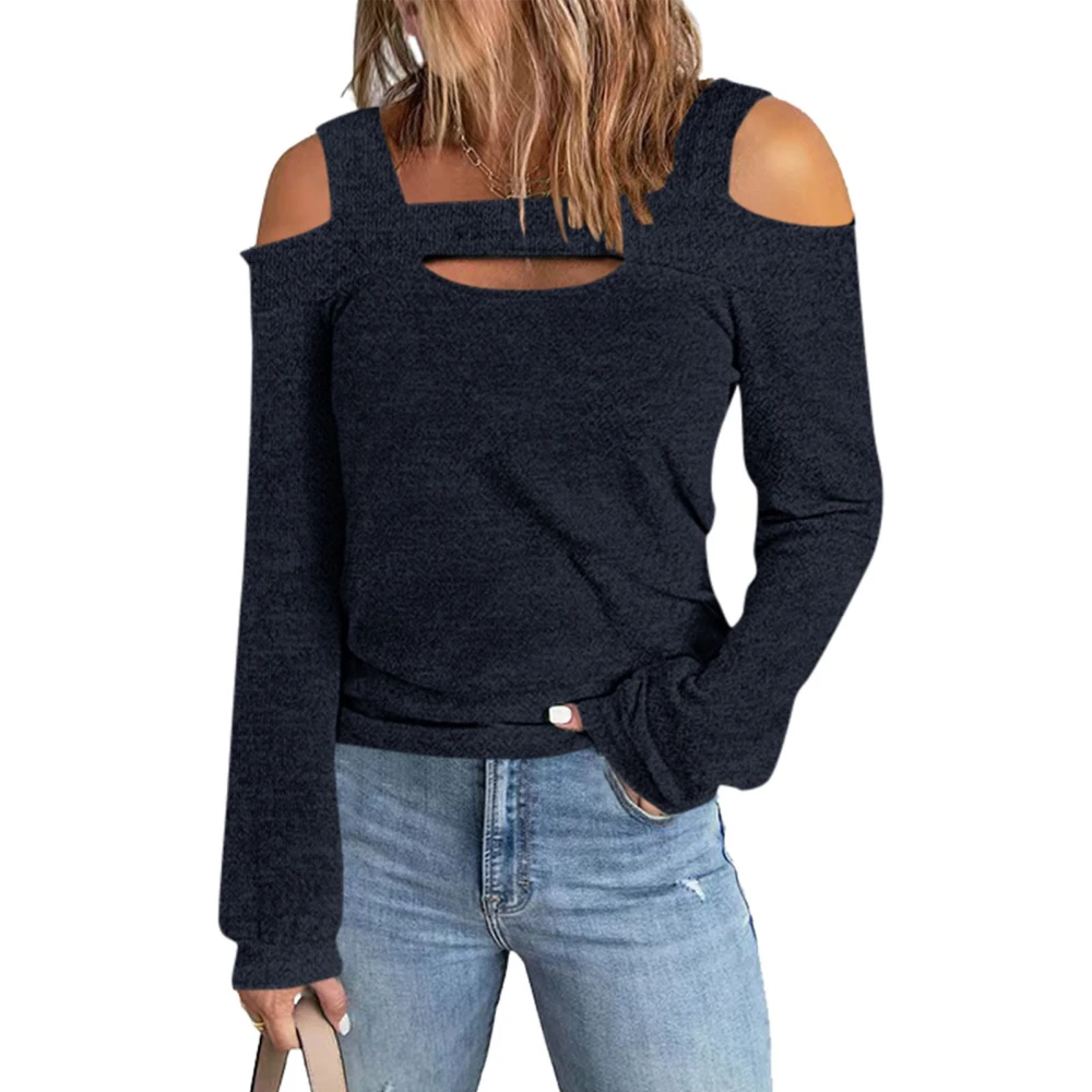 Women Cold Shoulder Top Long Sleeves Hollow Out Neckline Pure Color Casual T Shirt for Daily Wear Navy Blue M