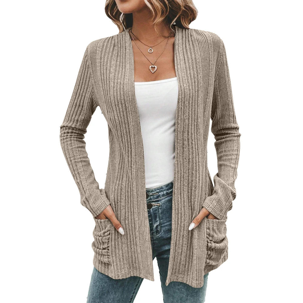 Women Open Front Sweater Pure Color Long Sleeve Pocket Knitted Sweater for Home Office Khaki L