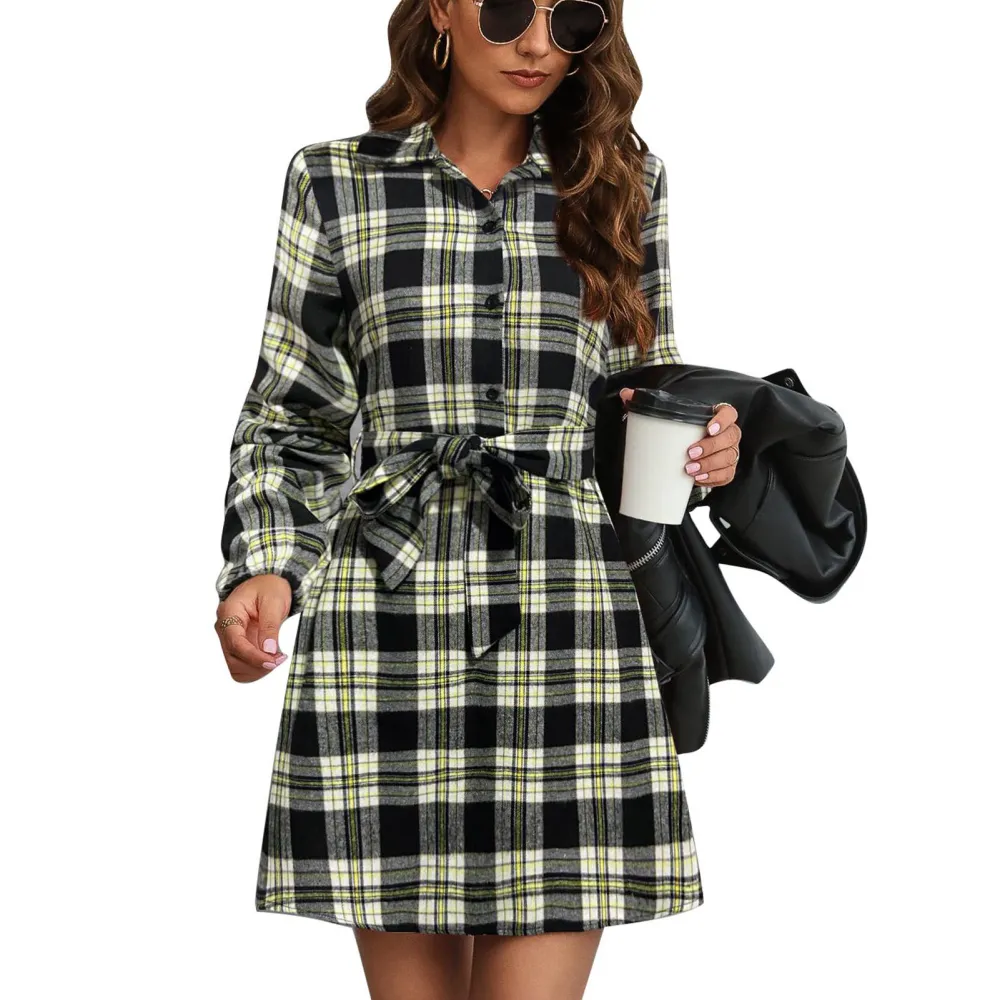 Womens Plaid Shirts Dress Lapel Button Down Long Sleeve V Neck Casual Tunic Waist Mini Dress Black XL