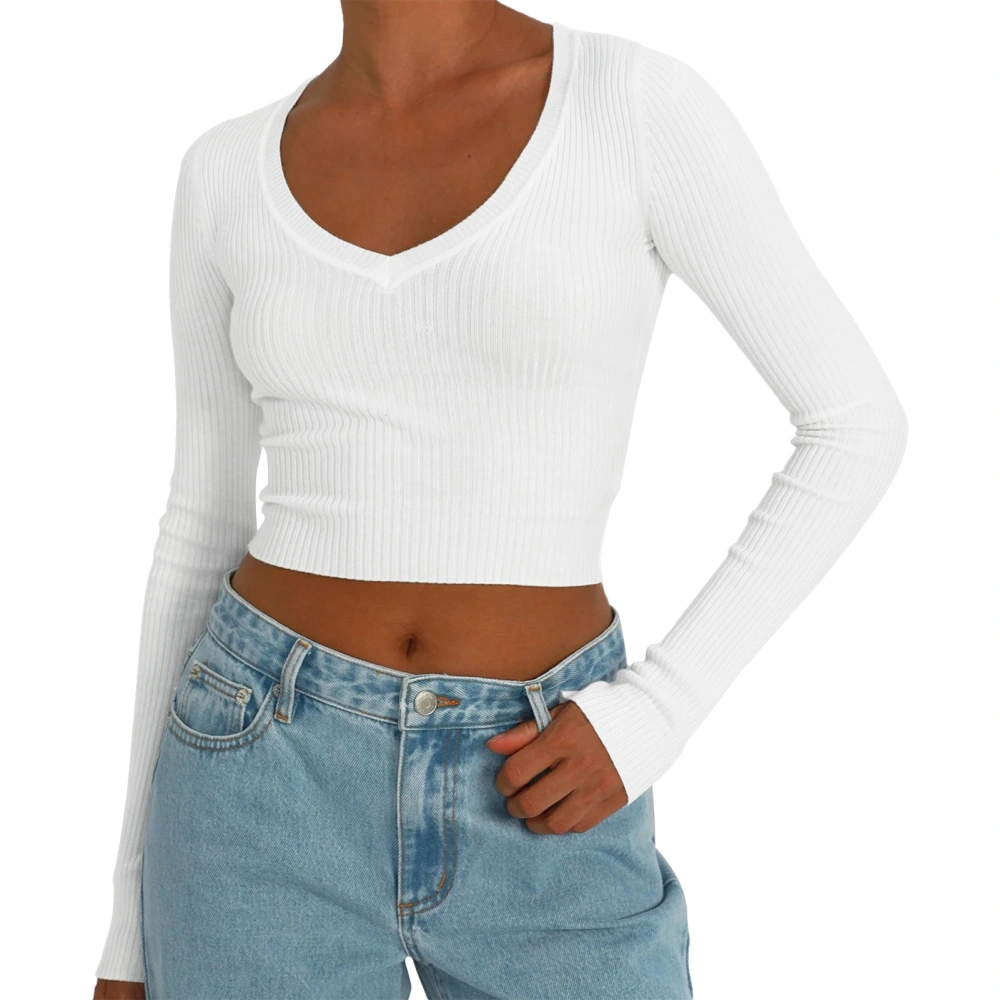 Long Sleeve Knit Top V Neck Short Style Pure Color Slim Fit Bottom Shirt for Party Shopping White XL