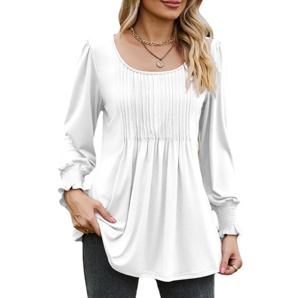 Casual Blouse U Neck Shirred Cuff Long Sleeve Pure Color Ruffled Loose Comfortable Shirt Top for Party Shopping White S