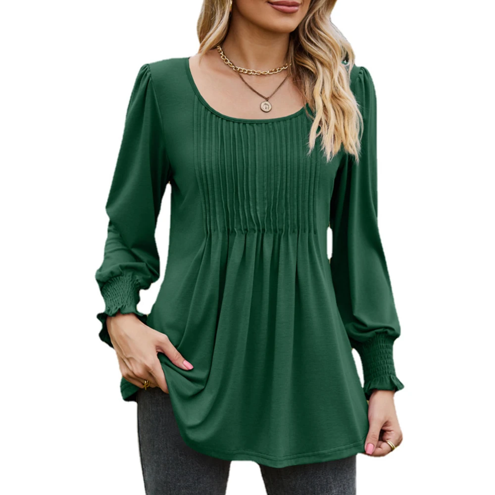 Casual Blouse U Neck Shirred Cuff Long Sleeve Pure Color Ruffled Loose Comfortable Shirt Top for Party Shopping Dark Green L