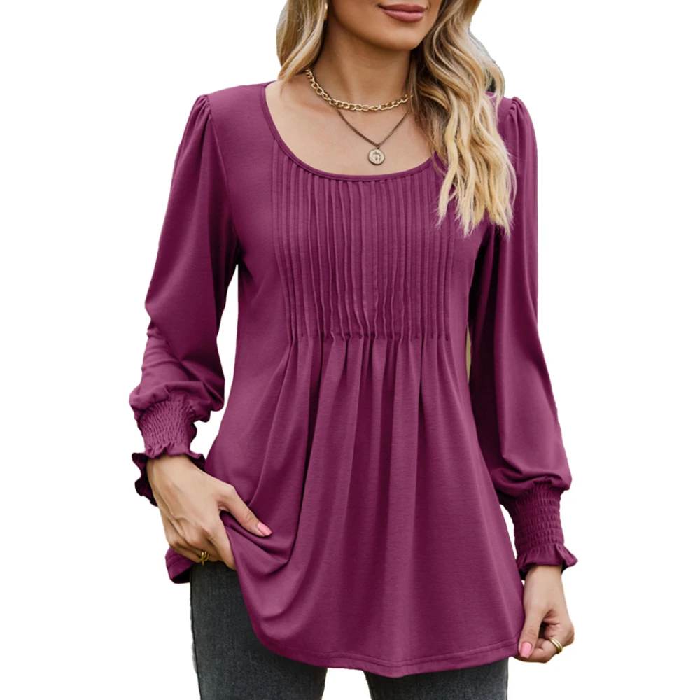 Casual Blouse U Neck Shirred Cuff Long Sleeve Pure Color Ruffled Loose Comfortable Shirt Top for Party Shopping Wine Red S