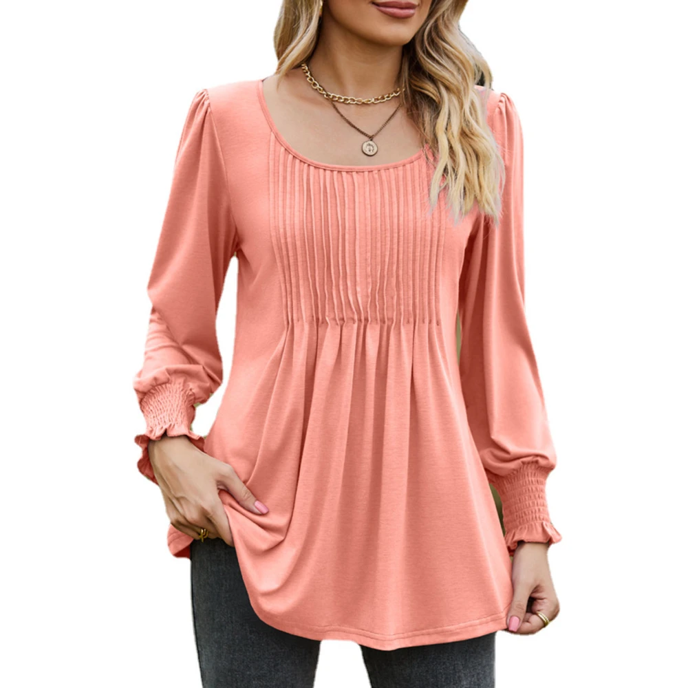 Casual Blouse U Neck Shirred Cuff Long Sleeve Pure Color Ruffled Loose Comfortable Shirt Top for Party Shopping Pink XL