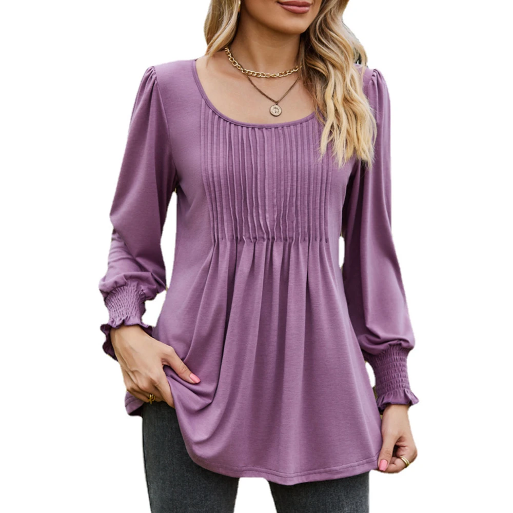 Casual Blouse U Neck Shirred Cuff Long Sleeve Pure Color Ruffled Loose Comfortable Shirt Top for Party Shopping Purple M