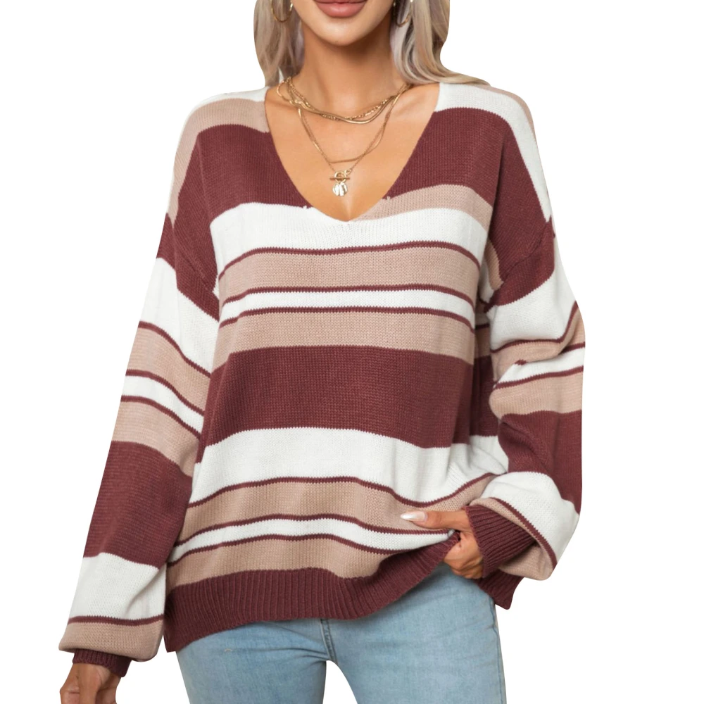 Women Striped V Neck Sweater Color Blocking Loose Fit Casual Comfy Pullover Knit Sweater Wine Red L