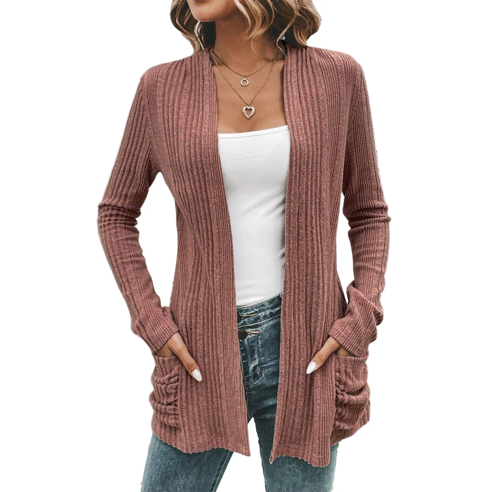 Women Open Front Sweater Pure Color Long Sleeve Pocket Knitted Sweater for Home Office Pink M