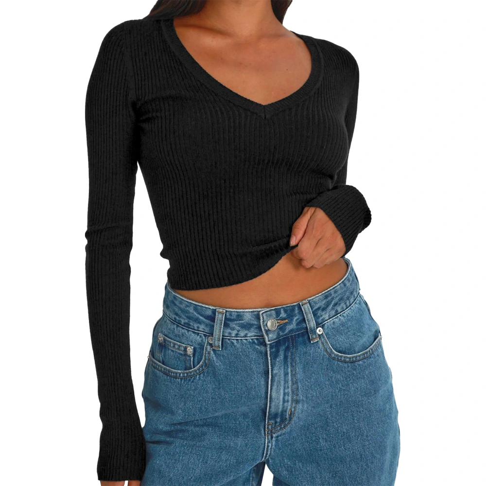 Long Sleeve Knit Top V Neck Short Style Pure Color Slim Fit Bottom Shirt for Party Shopping Black S