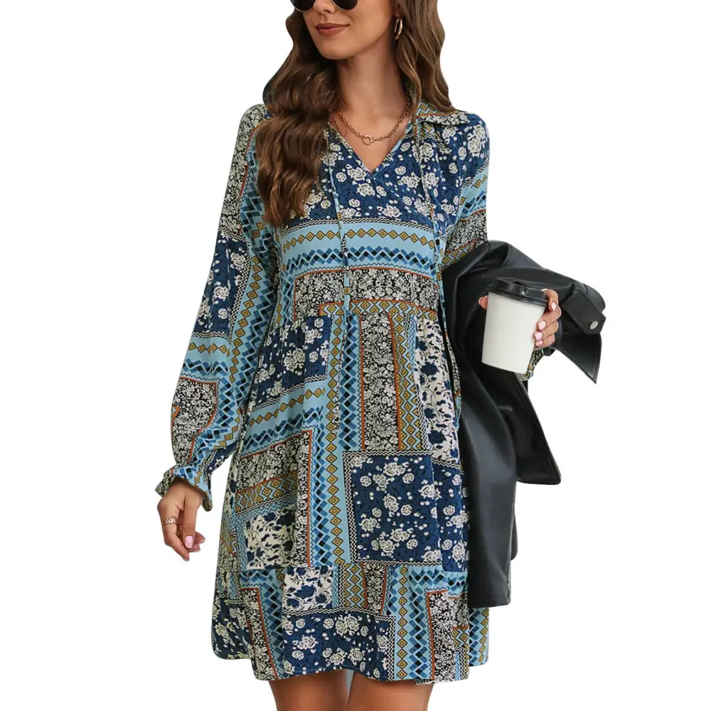 Women Patchwork Print Short Dress V Neck Long Sleeve Print Fashioanble Patchwork Dress Purplish Blue S