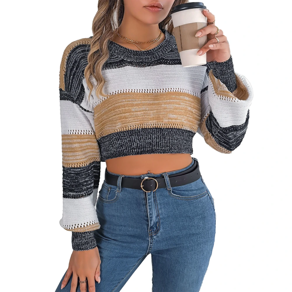 Women Striped Sweater Lantern Long Sleeves Round Neck Pullover Color Contrast Knitted Short Top Khaki S