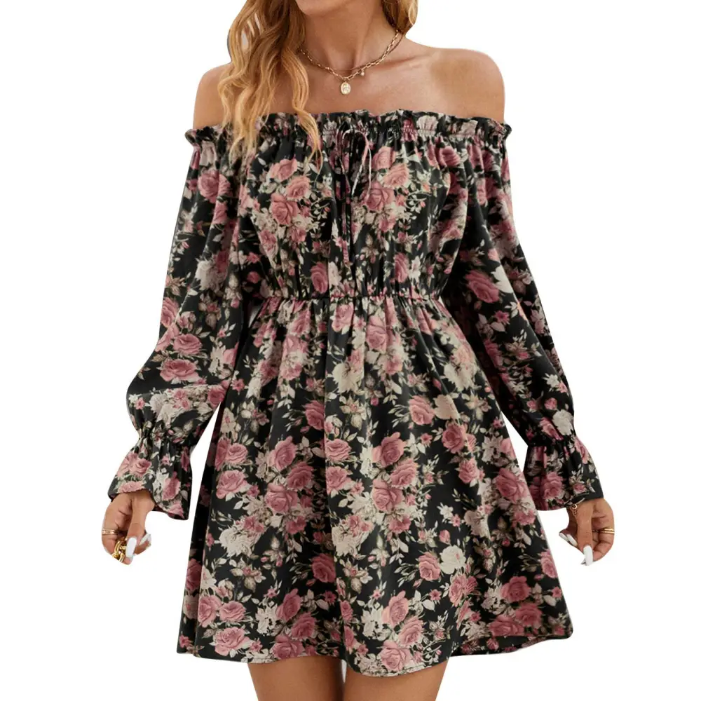 Women Off Shoulder Short Print Dress Bell Sleeve Frill Trim Printed Off Shoulder Long Sleeve Stylish Dress Black XL