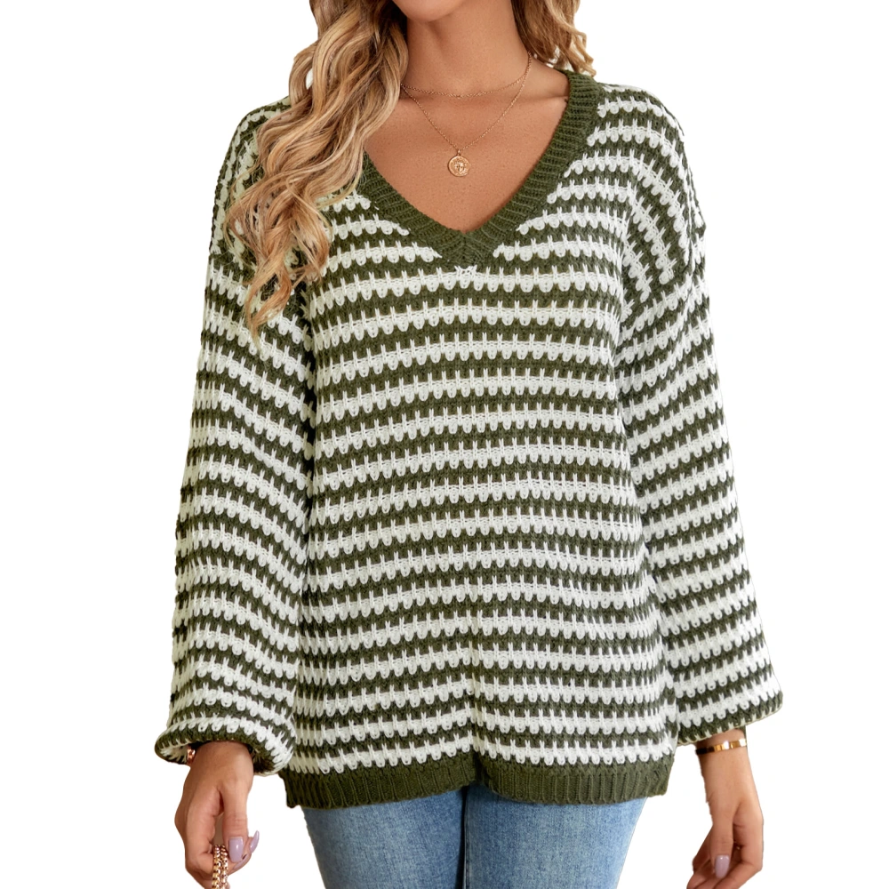 Women Sweater V Neck Long Sleeves Strip Pattern Pullover Loose Fit Knit Knitwear for Home Travel Green S