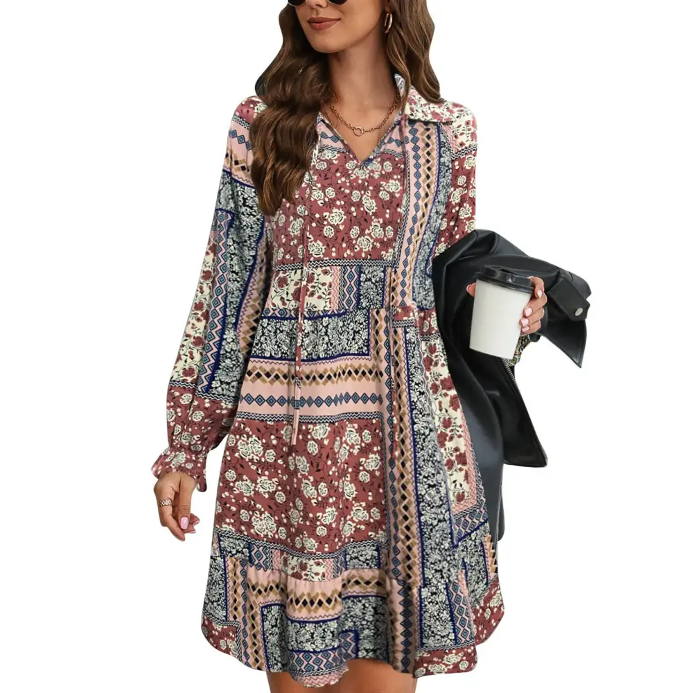 Women Patchwork Print Short Dress V Neck Long Sleeve Print Fashioanble Patchwork Dress Wine Red XL