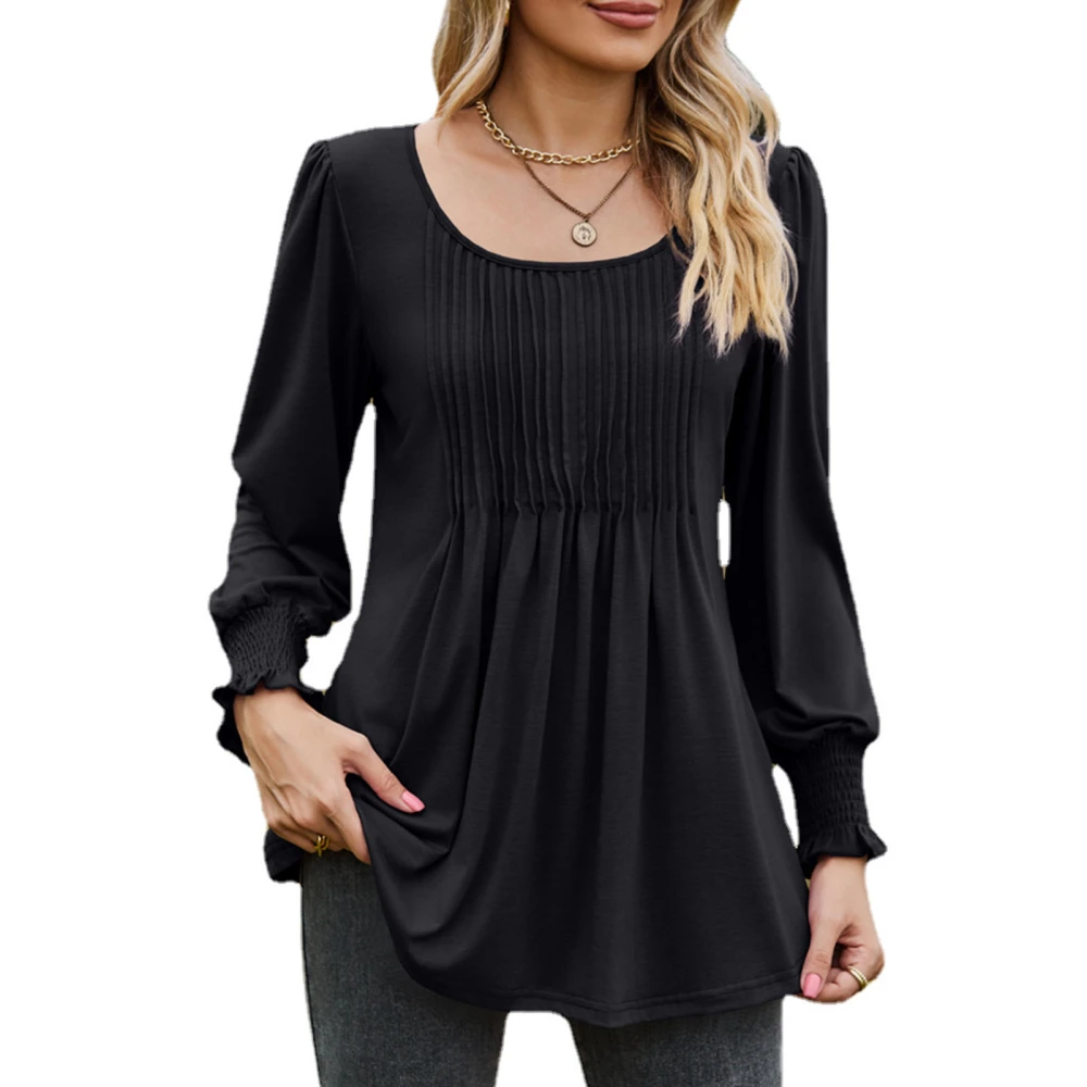 Casual Blouse U Neck Shirred Cuff Long Sleeve Pure Color Ruffled Loose Comfortable Shirt Top for Party Shopping Black XXL