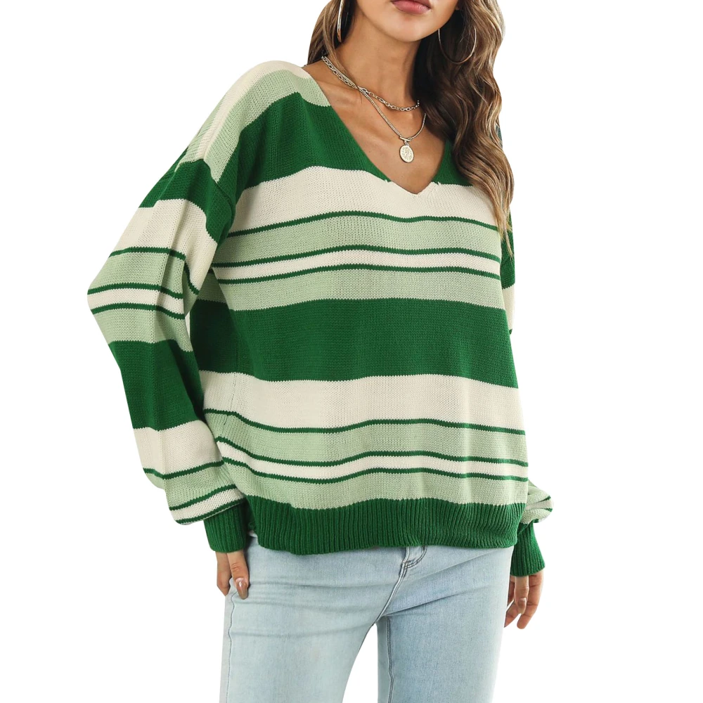 Women Striped V Neck Sweater Color Blocking Loose Fit Casual Comfy Pullover Knit Sweater Green M