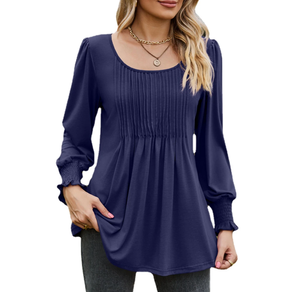 Casual Blouse U Neck Shirred Cuff Long Sleeve Pure Color Ruffled Loose Comfortable Shirt Top for Party Shopping Navy Blue L