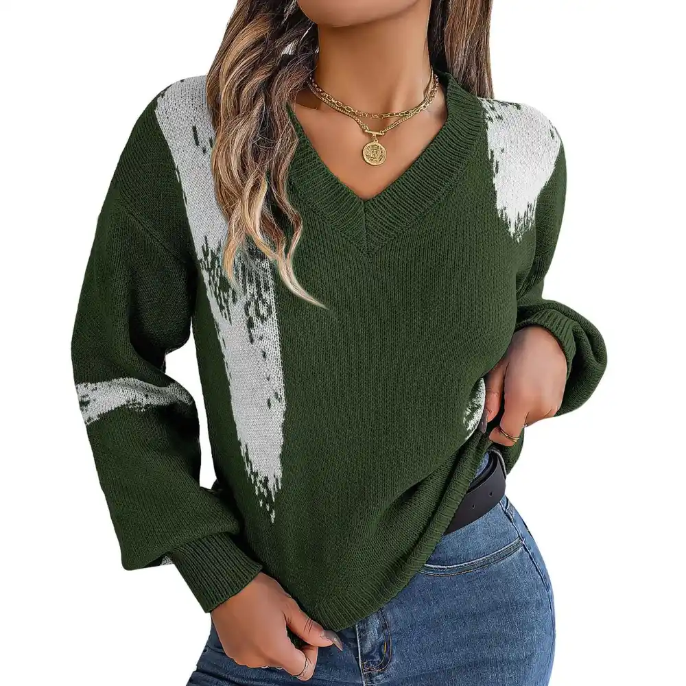 Women Color Block Knit Sweater Lantern Sleeve V Neck Casual Knit Top Lantern Long Sleeve Loose Pullover Sweater OD Green M