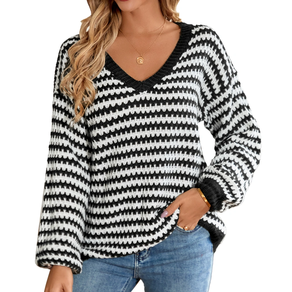 Women Sweater V Neck Long Sleeves Strip Pattern Pullover Loose Fit Knit Knitwear for Home Travel Black S