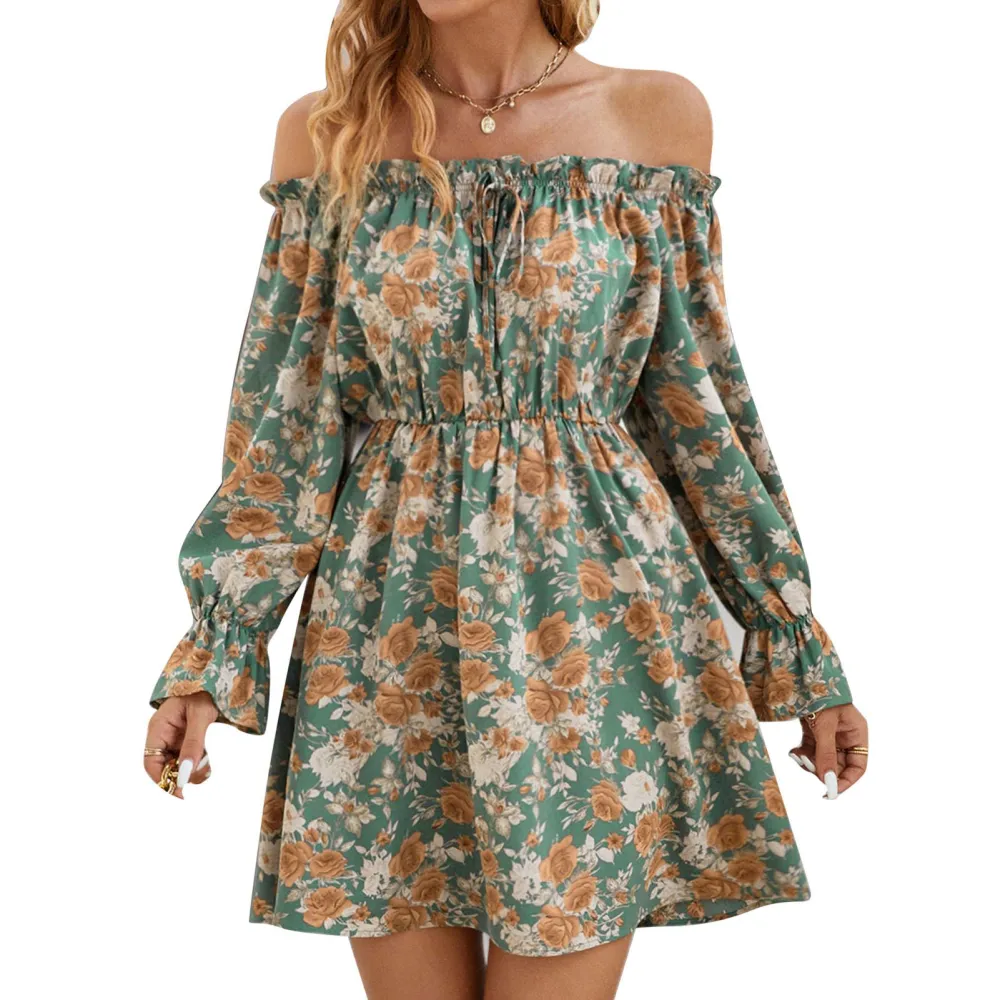 Women Off Shoulder Short Print Dress Bell Sleeve Frill Trim Printed Off Shoulder Long Sleeve Stylish Dress Green L