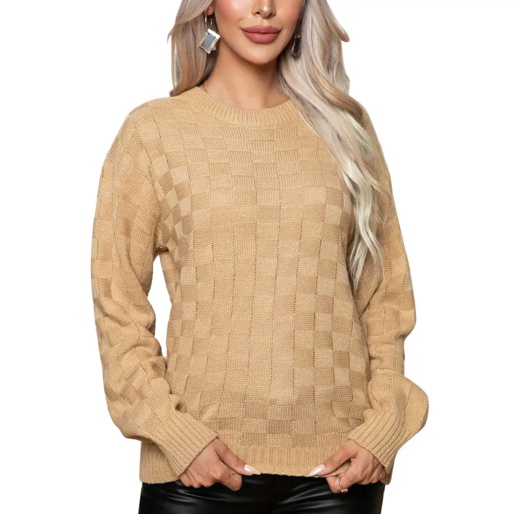 3D Plaid Knitted Sweater Casual Fitted Long Sleeve Knitted Sweater for Women Autumn Winter Wheat Yellow S