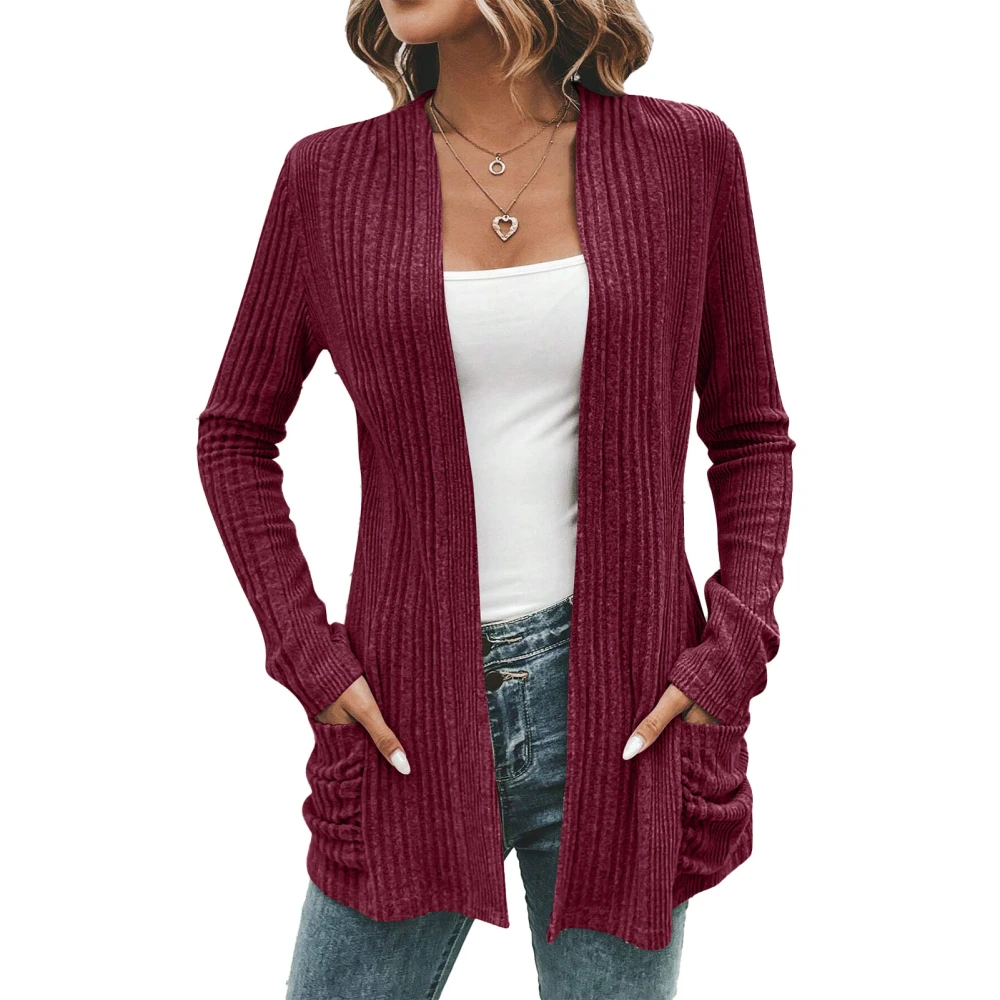 Women Open Front Sweater Pure Color Long Sleeve Pocket Knitted Sweater for Home Office Dark Red M