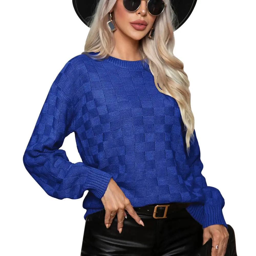 3D Plaid Knitted Sweater Casual Fitted Long Sleeve Knitted Sweater for Women Autumn Winter Blue S