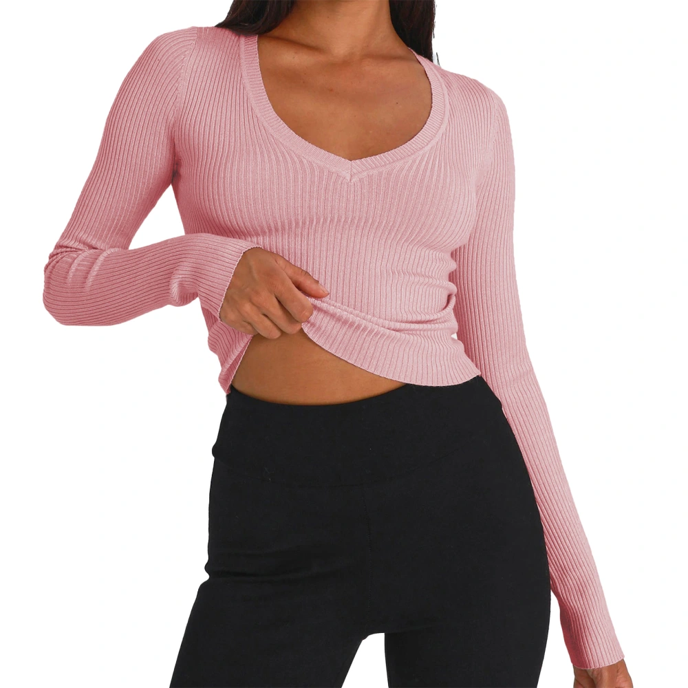 Long Sleeve Knit Top V Neck Short Style Pure Color Slim Fit Bottom Shirt for Party Shopping Pink XL