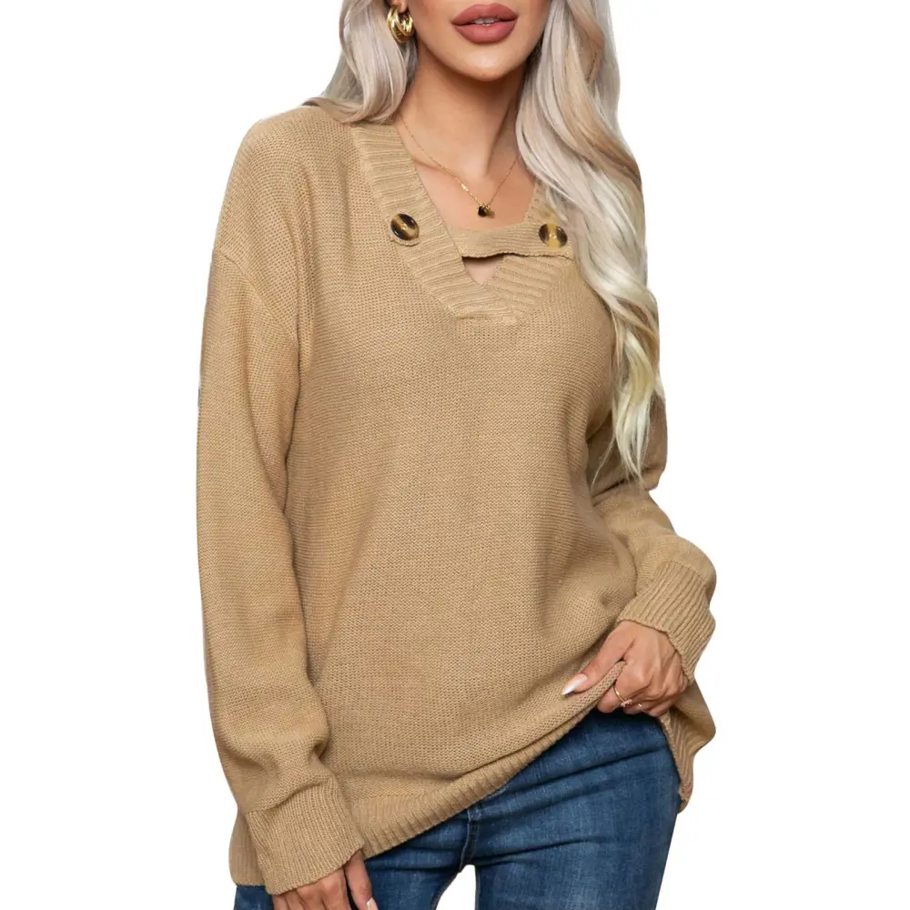 Women Cutout V Neck Sweater Long Sleeve Button Decor Loose Fit Fall Knitted Sweater Dark Khaki S