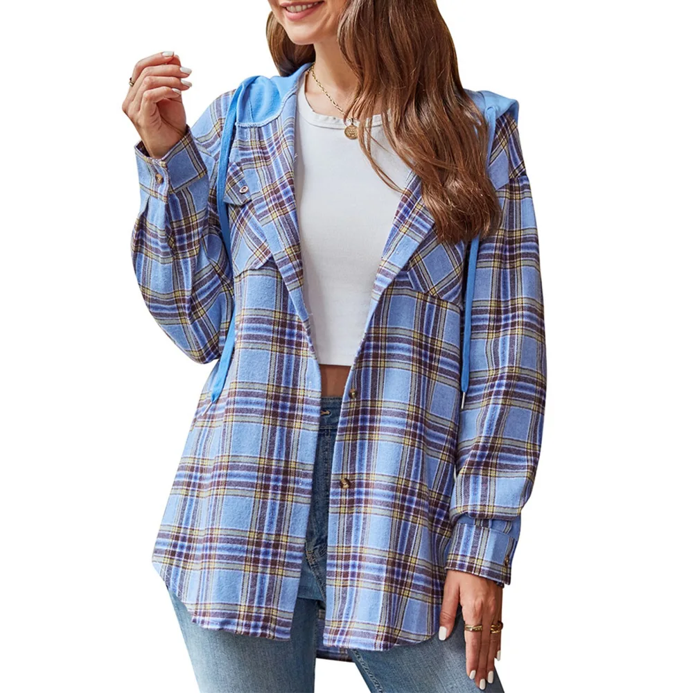 Women Hooded Plaid Shirt Long Sleeve Drawstring Button Up Hoodie Shirt with Chest Pockets Blue L