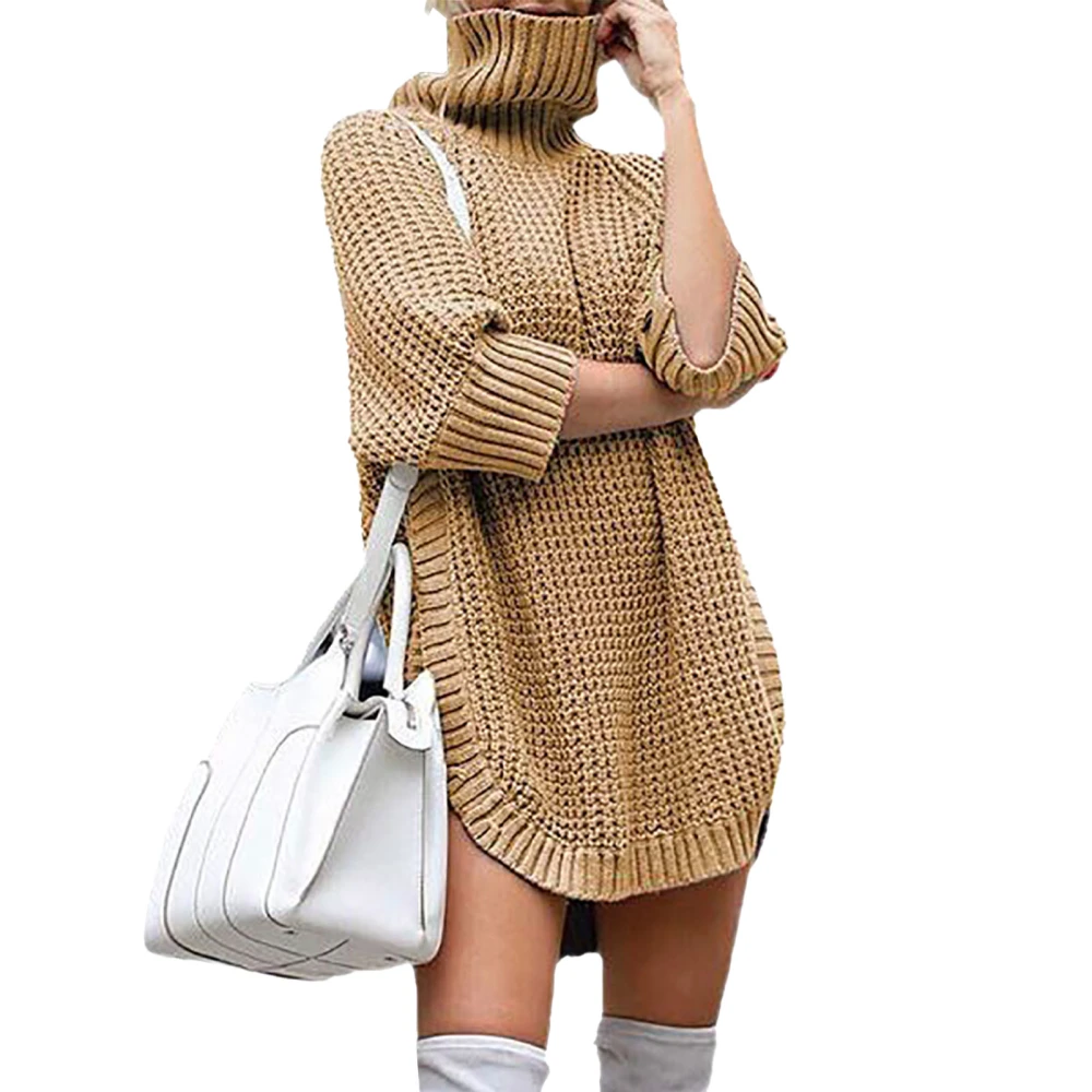 Women Long Turtleneck Sweater Casual Loose Solid Color Split Knitted Female Clothes Apricot XL