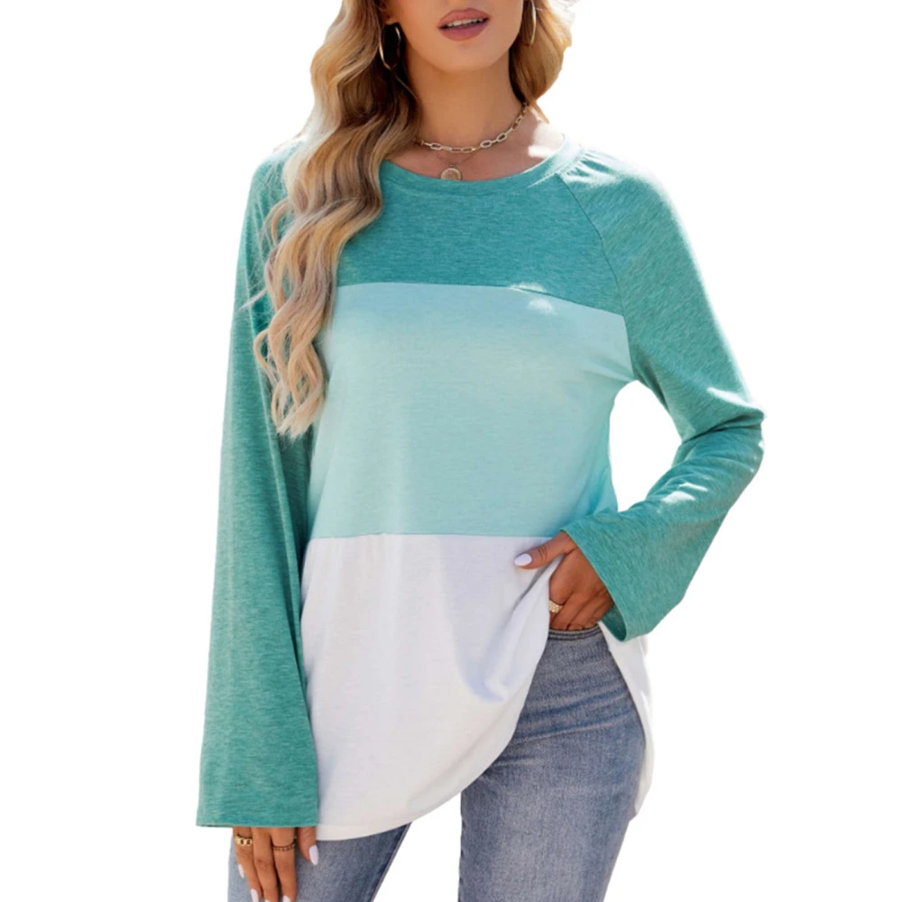 Women Round Neck T Shirt Color Blocking Long Sleeves Casual Loose Fit Blouse for Daily Wear Green S