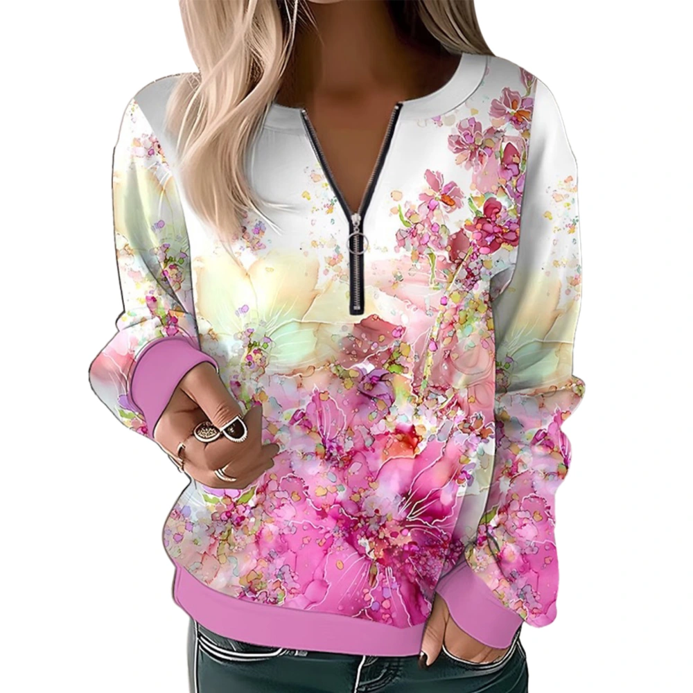 Women Long Sleeves Sweatshirt Half Zip Up Neckline Casual Loose Fit Printing Blouses Pink Flower S