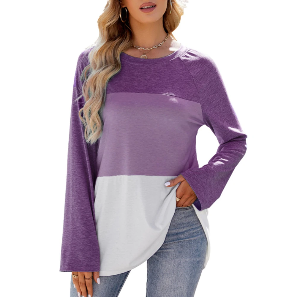 Women Round Neck T Shirt Color Blocking Long Sleeves Casual Loose Fit Blouse for Daily Wear Purple XXL