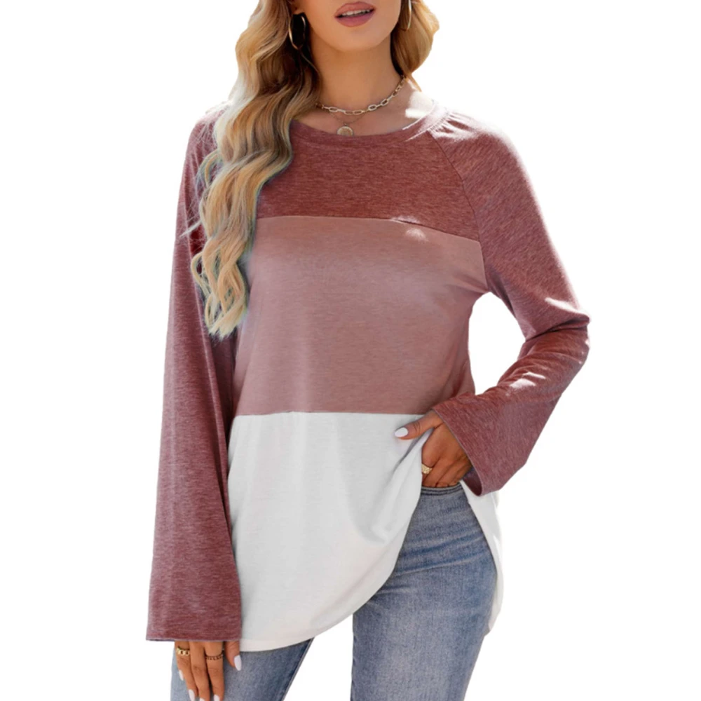 Women Round Neck T Shirt Color Blocking Long Sleeves Casual Loose Fit Blouse for Daily Wear Caramel Colour L